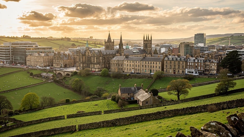 Yorkshire landscape showing rolling hills and traditional British architecture