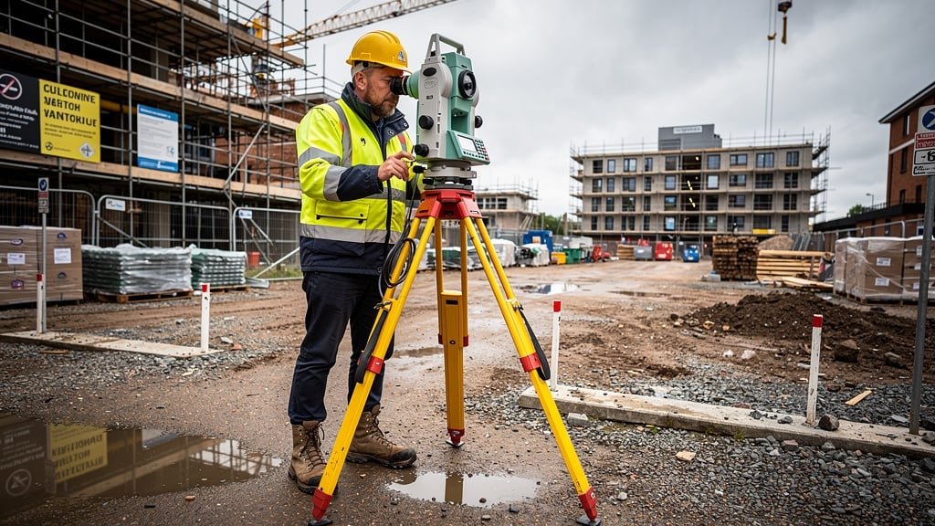 Professional land surveyor conducting topographical survey with total station equipment